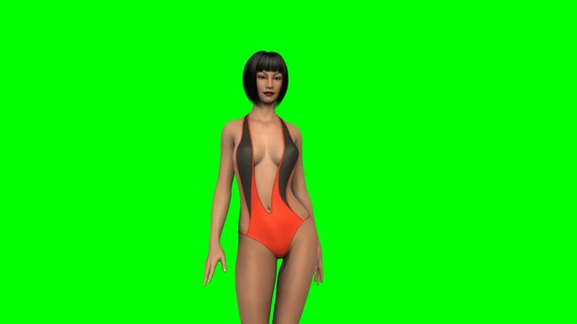 Hot Girl in sexy swimsuit walk  -  green screen