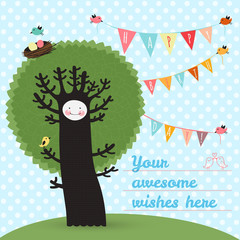 cute happy birthday card with tree and birds. vector illustratio - 63842567