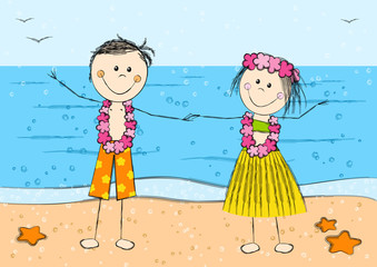Happy Hawaii couple on sea background