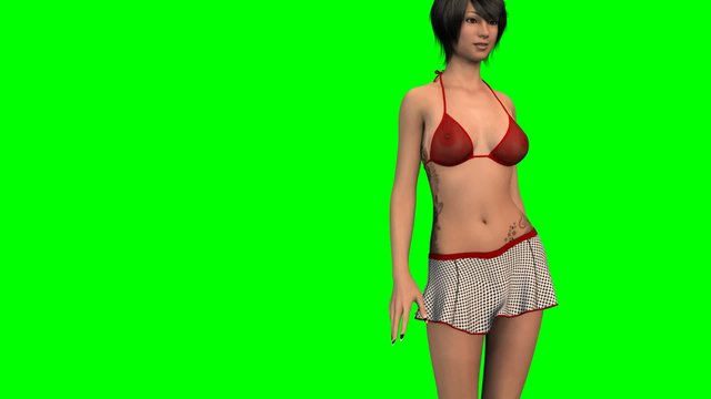 Hot Girl in sexy Bikini walk  -  green screen