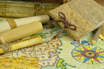Diary with pirate map and scrolls