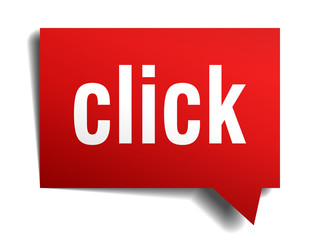 Click red 3d realistic paper speech bubble isolated on white