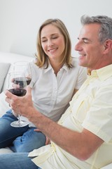 Relaxed couple with wine glasses sitting on sofa