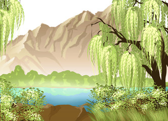 Idyllic landscape with willow and mountain © Black Spring