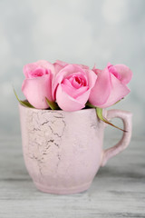 Beautiful roses in cup on light background