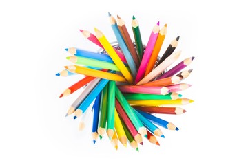 colorful pencils in container isolated on white background