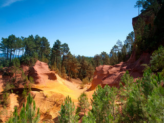 The vivid red ocher Cliffs in Roussillon, Provence, France