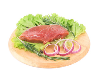 Raw beef steak on platter.