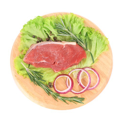 Raw beef steak on platter.