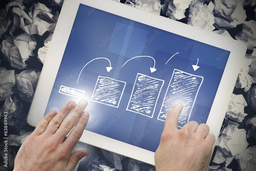 Poster composite image of hand touching tablet