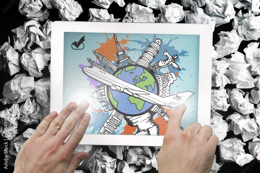 Poster Composite image of hands pointing and presenting on tablet