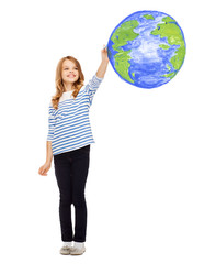 girl drawing planet earth in the air