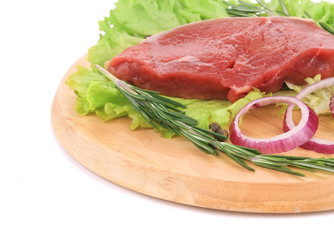 Raw beef steak on platter.