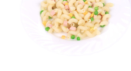 Pasta with ham, green peas and corn.