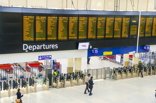 Timetable at departures - Waterloo railway station, London, UK