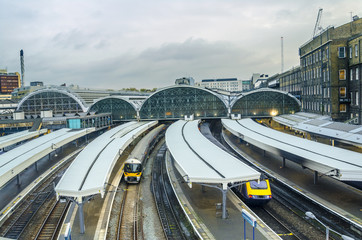 Naklejka premium Paddington Station. Trains awaiting departure.