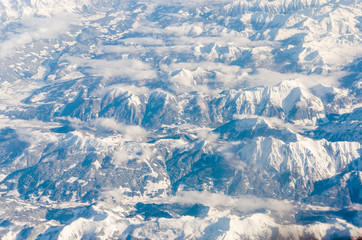 Aerial view of Glacier in the Alps Mountain Range