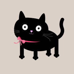 Cute cartoon black cat with pink bow at the neck.