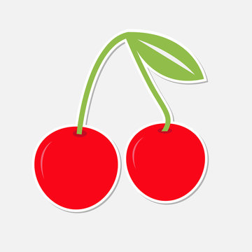 Two cherries with green leaf. Card.