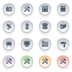 Home appliances icons on color buttons.