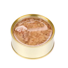 Canned tuna in a tin.