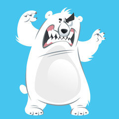 Angry and funny cartoon white polar bear making attacking gestur