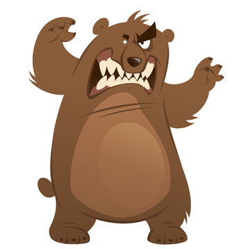 Angry and funny cartoon brown grizzly bear making attacking gest