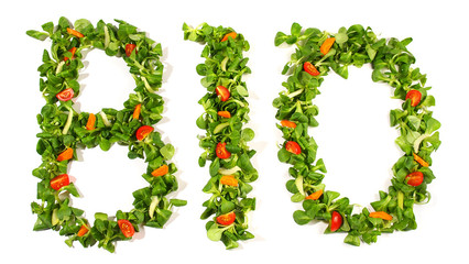 Bio Salat mit Gemüse und Dressing - Schrift Isoliert