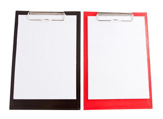 Red and black plastic clipboard with blank paper sheet