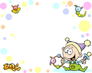 cool baby background with funny baby, toys and abstract dots