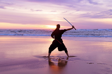 Young samurai women with Japanese sword(Katana) at sunset on the