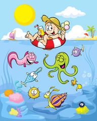 Obraz premium summer well being with funny boy and sea animal