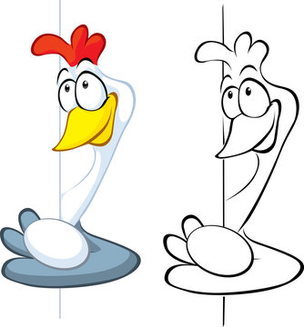 hen hold egg peeking around the corner - cartoon illustration