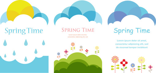 Spring time. Three cards with clouds, sun and flowers
