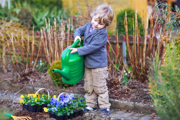 Little boy gardening and planting flowers in garden