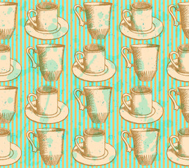 Sketch vector cup, vintage seamless pattern