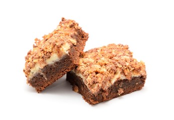 Brownies cake with cottage cheese and cut nut bar.