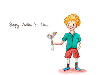 Aquarell kleiner Junge schenkt Blumen zum Muttertag