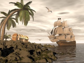 Fototapety  Statek piracki odnajdujący skarb - renderowanie 3D