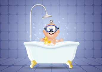 Naklejka premium Baby in bathroom with diving mask