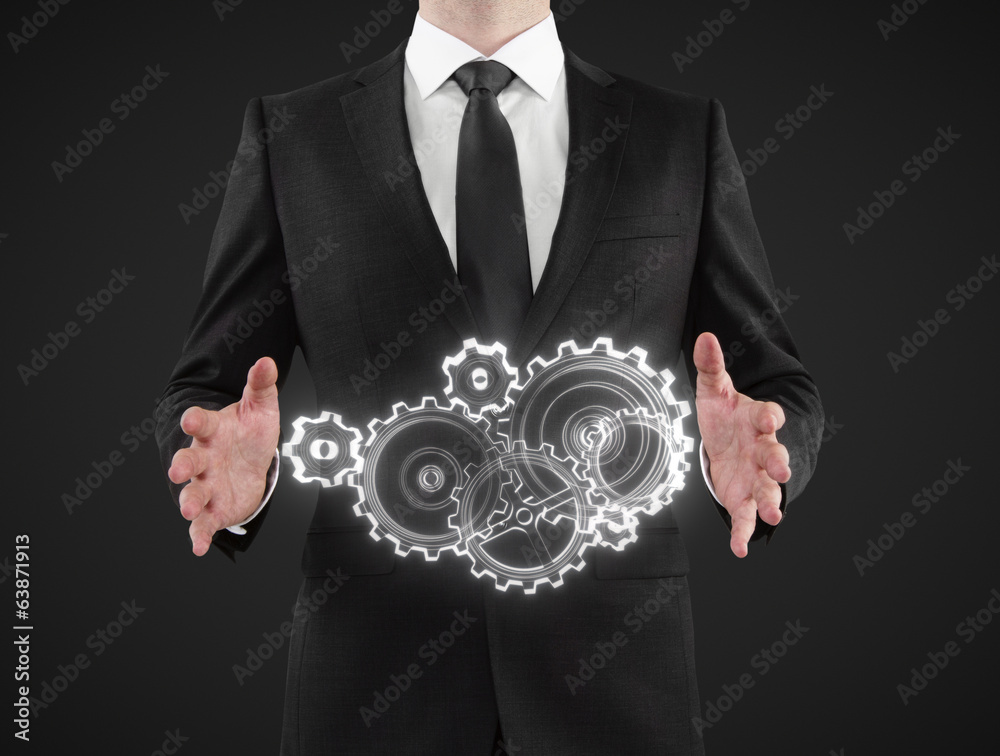 Poster businessman showing gears