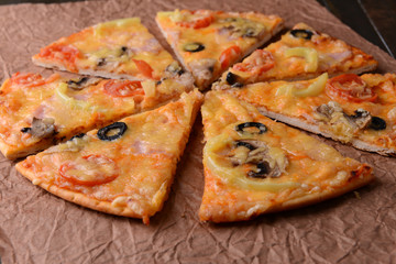 Tasty pizza on table close-up