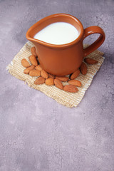 Obraz na płótnie Canvas Almond milk in jug with almonds in bowl,