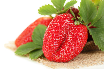 Strawberries with leaves isolated on white