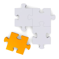 3d puzzle with orange missing piece on white, top view
