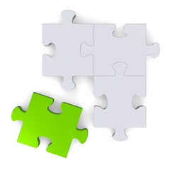 Fototapeta premium 3d puzzle with green missing piece on white, top view