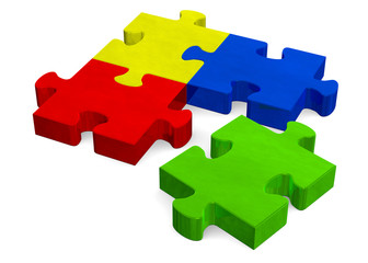 3d multicolor puzzle with missing piece on white, perspective