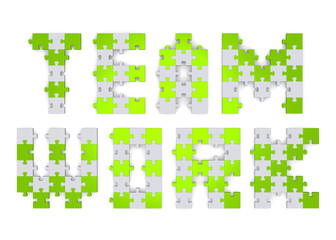 3d teamwork text assembled of puzzles