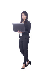 Business woman and laptop - isolated over a white background