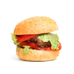 Big homemade hamburger isolated on white background